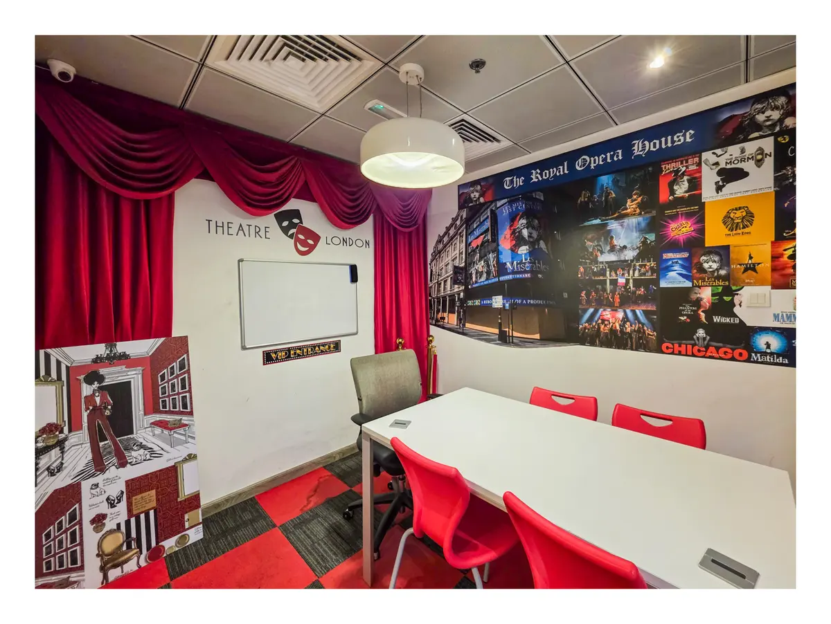 London theatre themed classroom with red curtains at Improve ME Institute